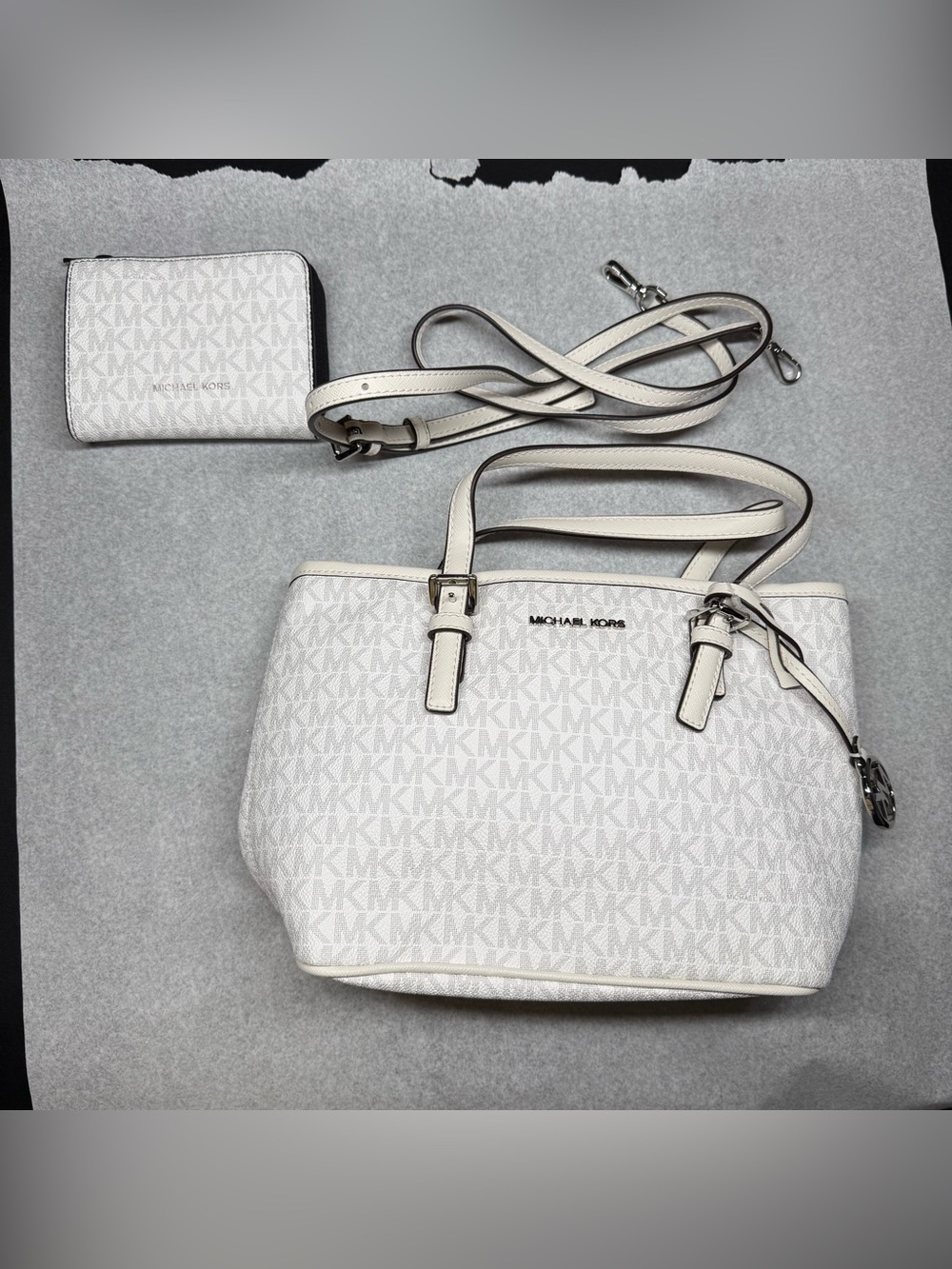 Michael Kors White MK Signature Tote with Removable Strap and Wristlet